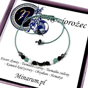 Bransoletka znak zodiaku Koziorożec Kamień Księżycowy Obsydian  Turmalin bransoletka z kamieni naturalnych