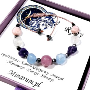 Bransoletka znak zodiaku Ryby Kunzyt Akwamaryn Opal różowy bransoletka z kamieni naturalnych
