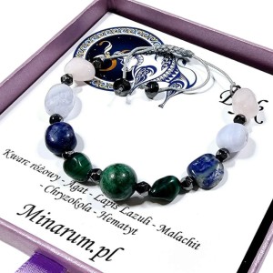 Bransoletka znak zodiaku Byk Kwarc różowy Malachit Lapis Lazuli bransoletka z kamieni naturalnych