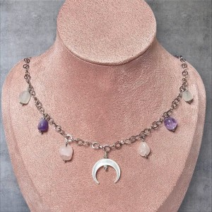 Lunula Naszyjnik na wydobycie kobiecości choker księżyc ametyst kwarc różowy