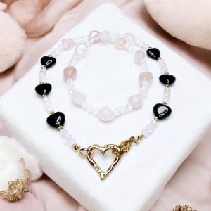 Euforia Naszyjnik z Kwarcu różowego z onyksem w kształcie serc Daje ochronę przyciąga miłość