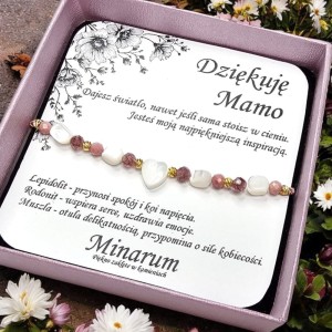 Bransoletka Dziękuję Mamo Lepidolit Rodonit Muszla Prezent na Dzień Matki
