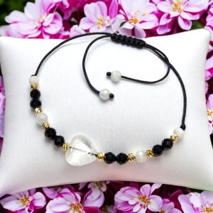 Bransoletka Bezpieczna Amulet na Stawianie Granic Ochronnych Czarny Turmalin Kamień Księżycowy Kryształ Górski
